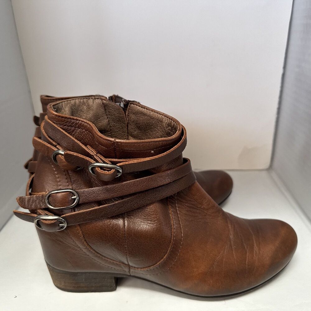 Miz Mooz Fiji Brown Leather Strappy Ankle Boots Womens Size 8 Zip Buckle Casual